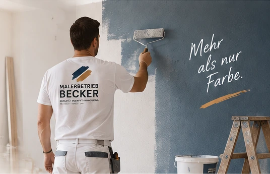 Maler streicht eine Wand in einem gedeckten Blauton; illustrative Szene aus der Designvorlage